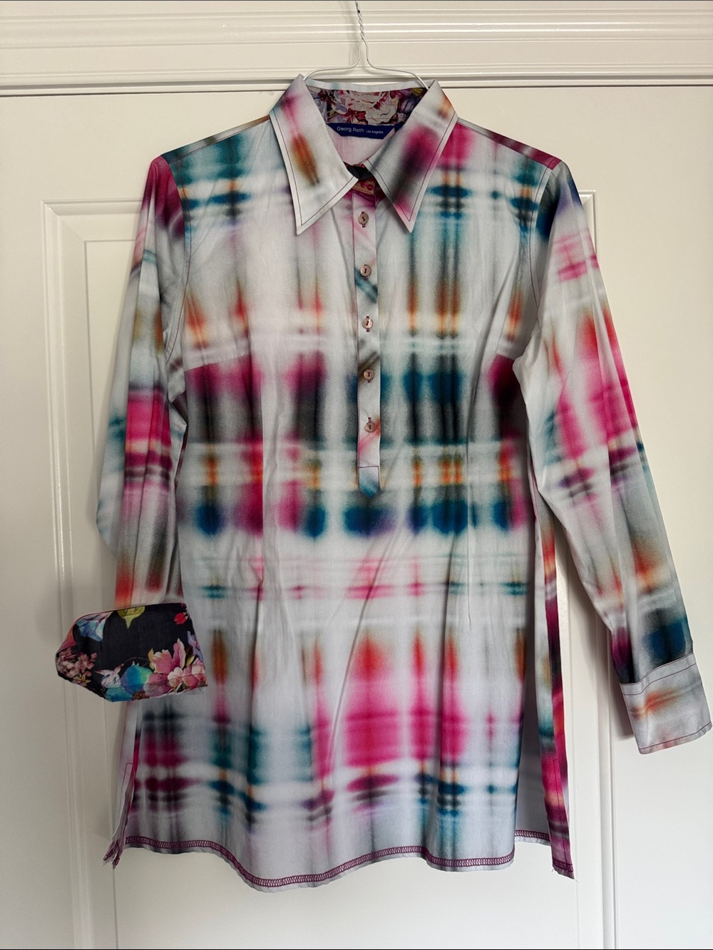 Women’s Multicolor Plaid-Effect Button Down Tunic - Teal/Pink/White